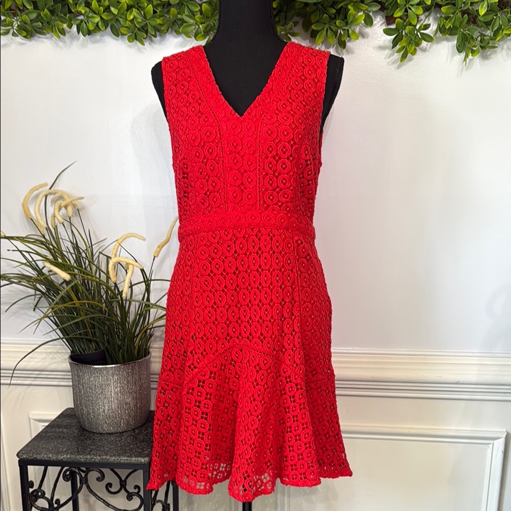 San & Soni Anthropologie 100% Cotton Red Eyelet Lace V Neck Flounced Dress 8